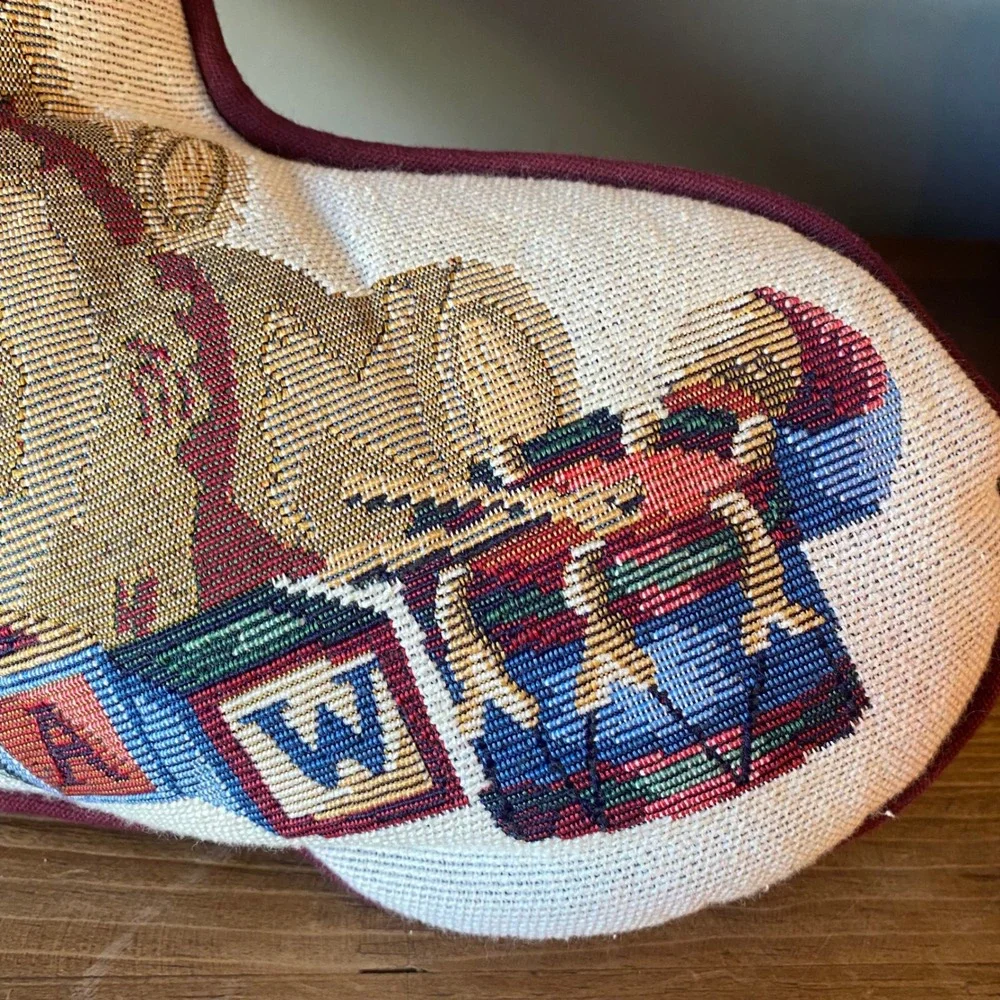 Vintage Tapestry Christmas Stocking Pillow Teddy Bear Alphabet Blocks Burgundy